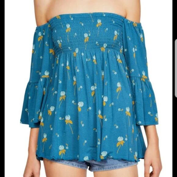 Free People Smocked Off The Shoulder Floral Top Womens Small - Picture 1 of 9